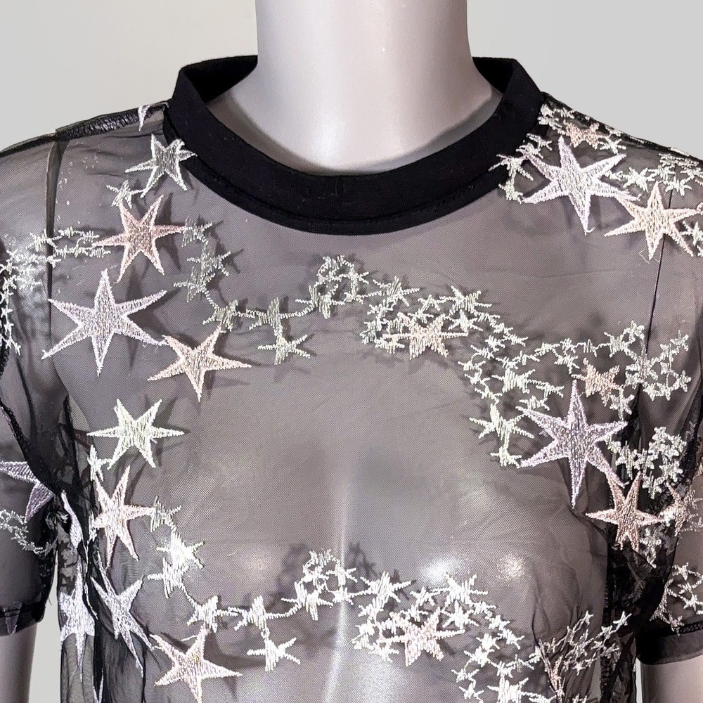 Lush Black Star Embroidered Sheer Mesh Tee Womens S Celestial Whimsygoth Y2K